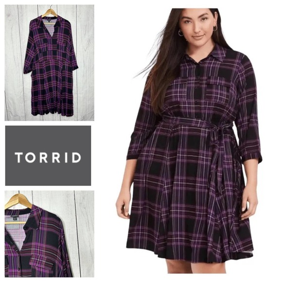 torrid Dresses & Skirts - Torrid Purple Plaid Mini Challis Button Front Shirt Dress 2X